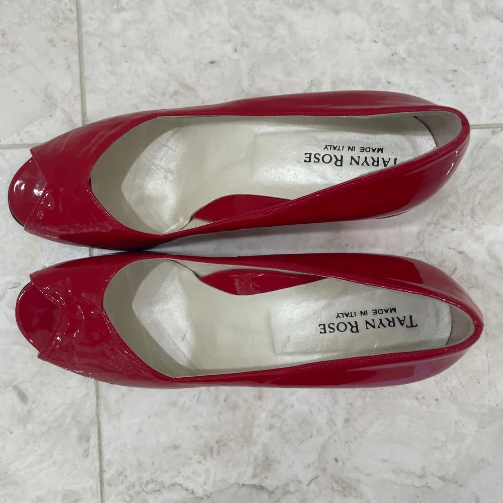 TARYN ROSE {39.5} Red Wedge Patent Leather Peep Toe Candy Apple Red 